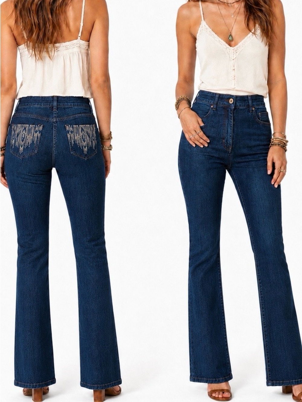 CHICO’S Dark Blue Boot Cut Jeans w Back Pocket Silver Embellishments — LHP